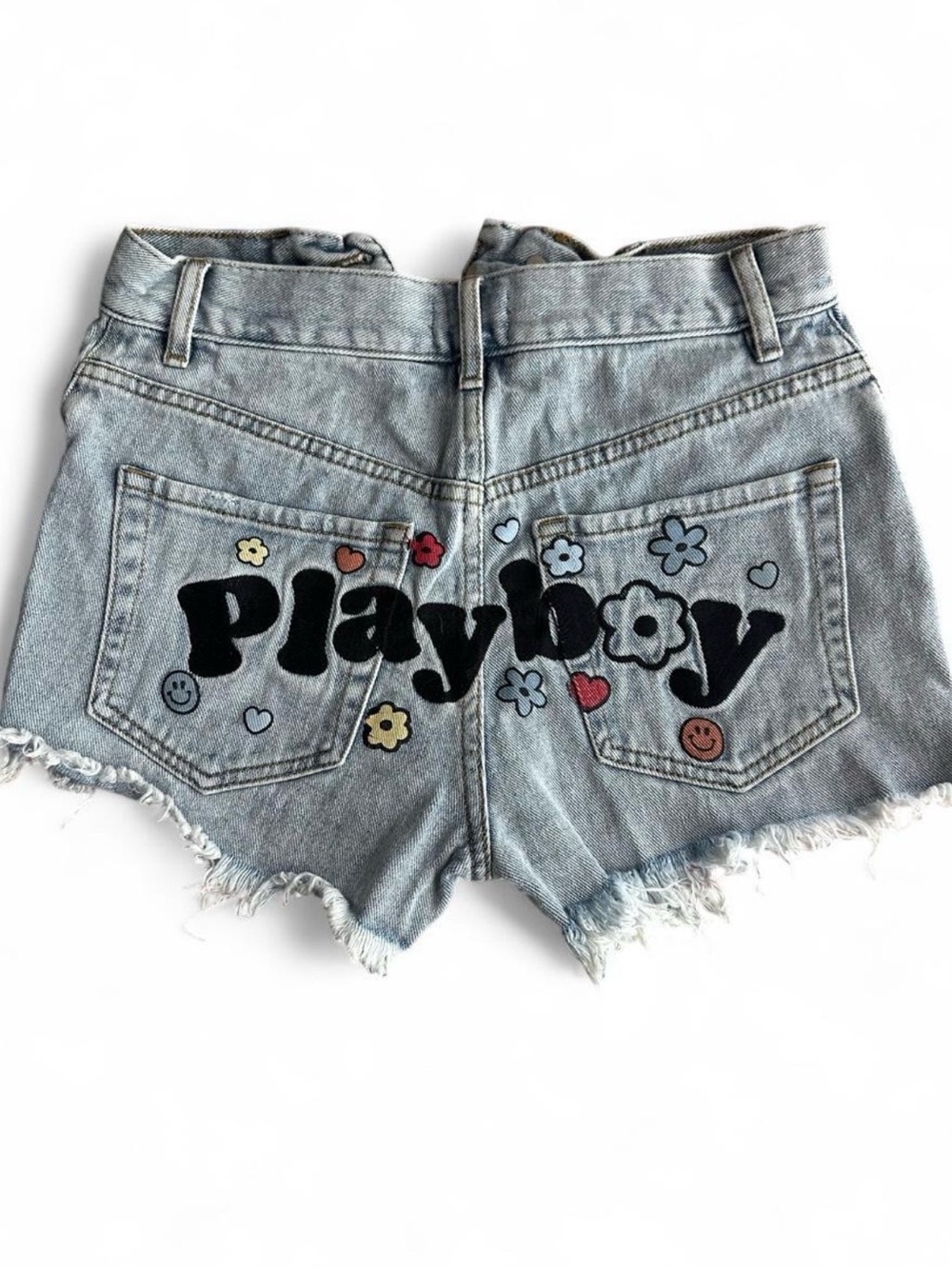 Playboy Embroidered Light Blue Denim Cutoff Shorts